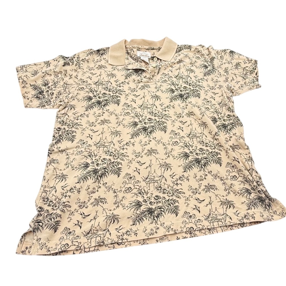 EP Pro Womens Tan Toile Print Polo Shirt Short Sleeve Cotton Pique‎ Large L